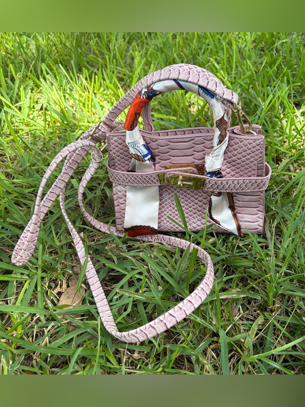 Pink Mini Textured Top-Handle Bag with Scarf Accent